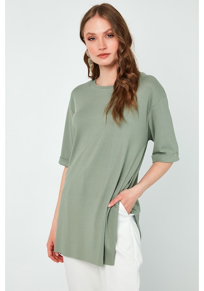 Lela Oversize Bisiklet Yaka Yırtmaç Detaylı Bayan Bluz 5869000 Çağla