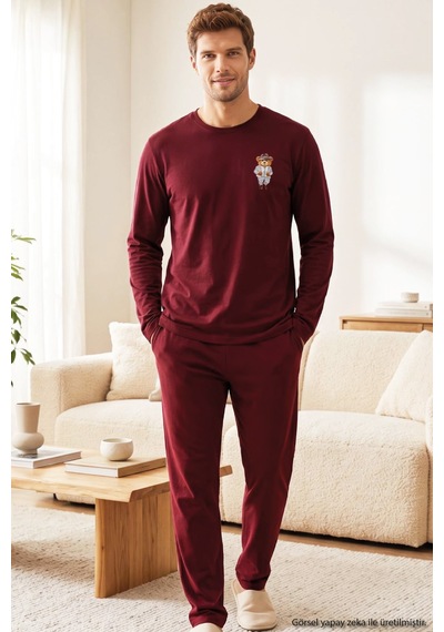 Siyah İnci Baskılı Pamuklu Likralı Örme Pijama Takım 26241803 bordo