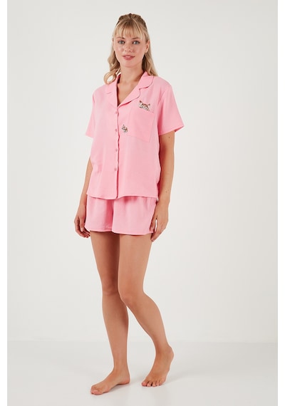 Lela Gömlek Yaka Beli Lastikli Kısa Kollu Şortlu Bayan Pijama Takımı 611Pt00123 Pembe