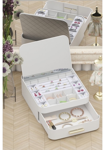 Piev House By House Çekmeceli Aynalı Ve Üç Katlı Çekmeceli Takı Kozmetik Organizer İkili Set Krem