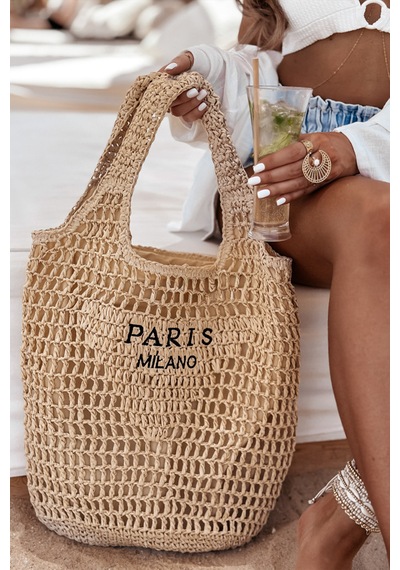Çift Kalın Askılı Paris Milano Astırlı Fermuarlı İç Cepli Yazlık Tatil Plaj Büyük Boy Hasır Çanta Camel
