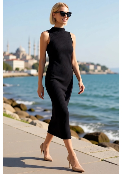 Benerly Kadın Kolsuz Dik Yaka Vücuda Oturan Maxi Örme Elbise Gofre Dokulu Siyah