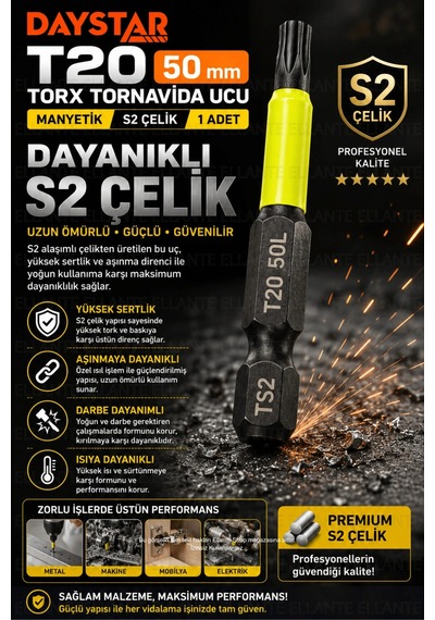 T20 Torx Tornavida Ucu 50 Mm Manyetik S2 Çelik 1/4" Hex Vidalama Ucu 1 Adet Yüksek Kalite