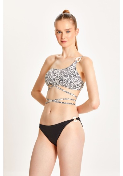 Too Salty Swimwear Kadın Siyah Beyaz Desenli Tek Omuz Halka Aksesuarlı İp Bağlamalı Bikini Takımı 24s122st Renkli
