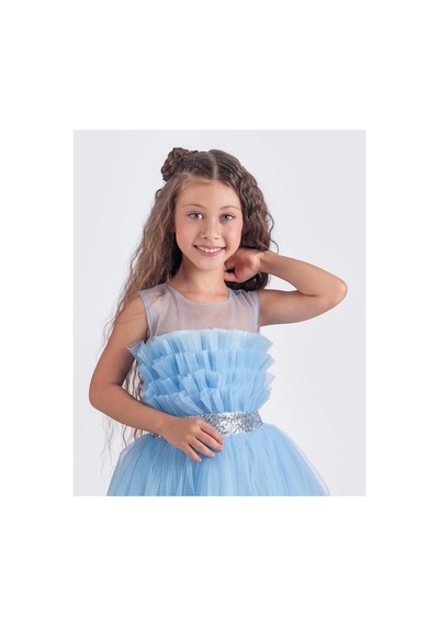 Mnk Baby & Kids Sapes Model Sırt Gipeli Tüllü Kız Çocuk Askılı Saten Abiye Mnk0618 Bebe Mavi