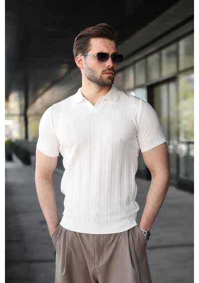 Madmext Beyaz Slim Fit Polo Yaka Triko Erkek Tişört E7491