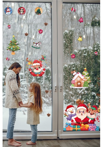 Yılbaşı Sticker Noel Baba Geyik Kardan Adam Ve Işıklı Noel Süsleri Pencere Sticker