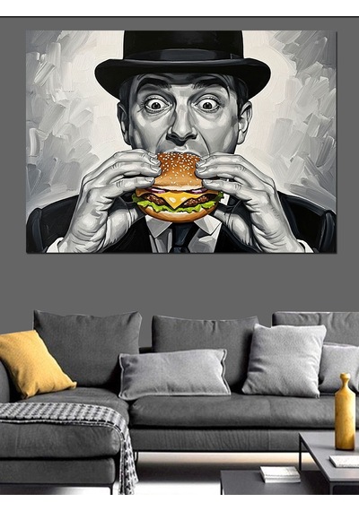 Ahşap Tablo Hamburger Yiyen Karizmatik Modern Adam