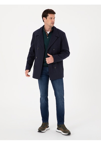 Cacharel Lacivert Slim Fit Yün Karışımlı Kruvaze Kaşe Kaban