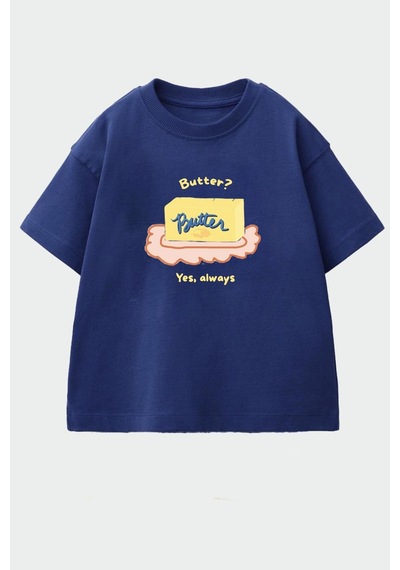 Monila Unisex Çocuk Pamuklu Bisiklet Yaka Baskılı T-shirt Lacivert