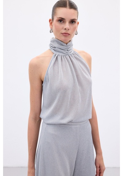 Sateen Kolsuz Parlak Bluz - Gümüş-136642 Gümüş