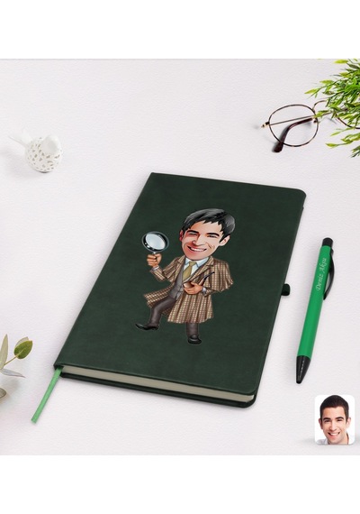 Kişiye Özel Müfettiş Karikatürlü Yeşil Termo Deri Defter Kalem Se