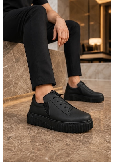 Mevese Dlob Erkek Bağcıklı Cilt Günlük Casual Spor Sneaker Ayakkabı - Siyah
