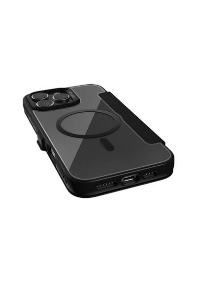 Apple Uyumlu iPhone 16 Pro Kılıf Magsafe Vegan Deri Şeffaf Kartlıklı Raptic Urban Folio Serisi Kapak Siyah