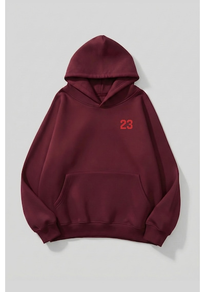 Uyguntarz Unisex Yumuşak Dokulu Kalbin İzi Baskılı Tasarım Oversize 3 İplik Hoodie Sweatshirt Bordo