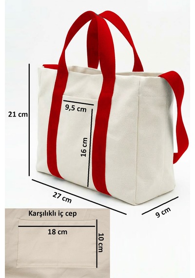 Tuttobene Harmony Mini Boy Tote Bag Kanvas Astarlı Cepli Çıtçıtlı Ayarlanabilir Askılı Kadın El Omuz Çantası - Küçük Boy Günlük Çanta Tb062 Beyaz - Kırmızı