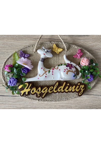 Renkli Çiçekli Sevimli Kedi Figürlü Hoş Geldiniz Panosu Rustik Stil