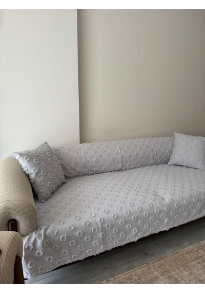 Konik Kırlent Kılıfı Hediyeli 170x210 Cm Pamuklu Koltuk Örtüsü Gri Gri
