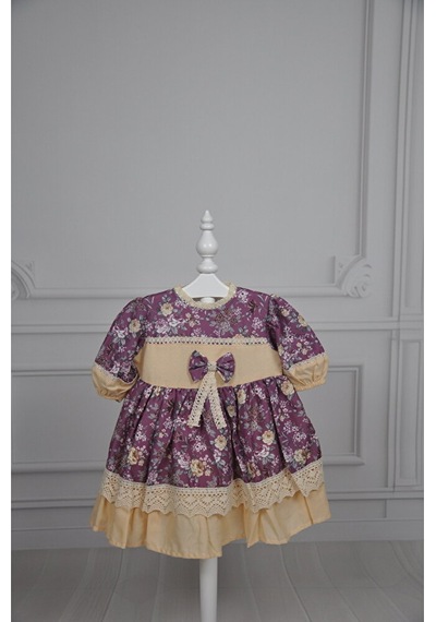 Dantelliçıtır Çiçek Desenli Vintage Elbise Vişne Kurusu