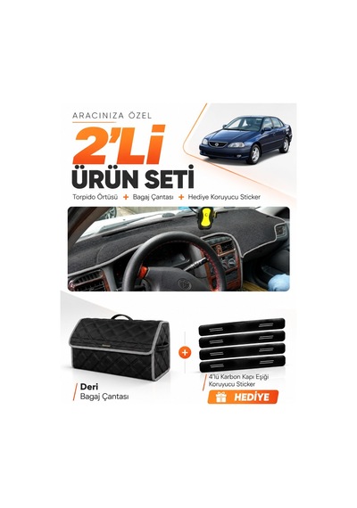 Toyota Avensis T220 1997-2002 Uyumlu Torpido Örtüsü + Deri Bagaj Çantası + Sticker - Siyah Gri