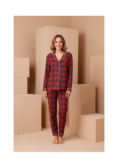 Rindahomewear Anne-kız Kırmızı Ekose Desenli Örme Düğmeli Uzun Kollu Pijama Takımı Kırmızı