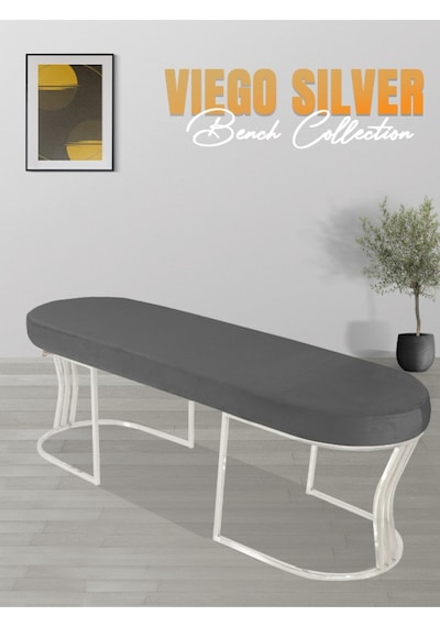 Viego Silver Smooth- Gri Kapitoneli Model Puf & Bench & Koltuk- Oturak-uzun Makyaj Puff-yatak Odası Ucu &önü