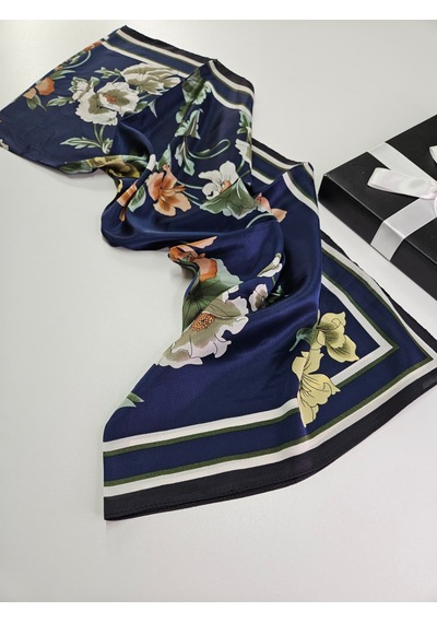 Miorel Scarfs Yeni Sezon Çiçek Desen Vual İpek Şal Fular Silk Scarfs Shawl Hijab Lacivert