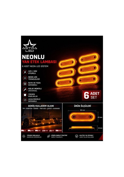 6 Adet Neon Led Yan Etek Lambası 12v/24v Turuncu Pozisyon Lambası Tır Kamyon Dorse Treyler Universal