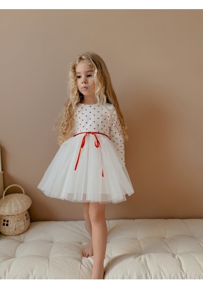 Linola Baby Kids Love - Ekru Kalpli Uzun Kollu Tütü Etekli Elbise Ekru