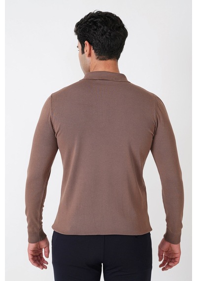 Slim Fit Esnek Pamuklu Fermuarlı Polo Yaka Açık Kahve Triko Tr 902 A.Kahverengi