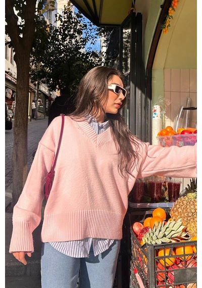 Madmext Pembe V Yaka Oversize Kadın Triko Kazak Mg2149 Pembe