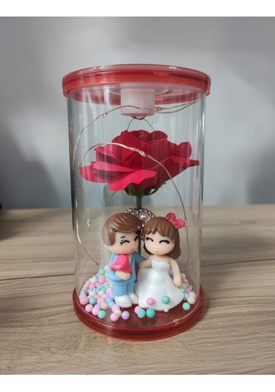 Cam Fanus Işıklı Ledli Sevimli Hediyelik Gelin Damat Kırmızı Gül 16 Cm Kırmızı