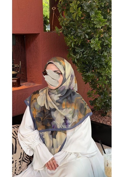 Qalortex Scarf Pamuklu Soft Meva Desen Eşarp-lacivert