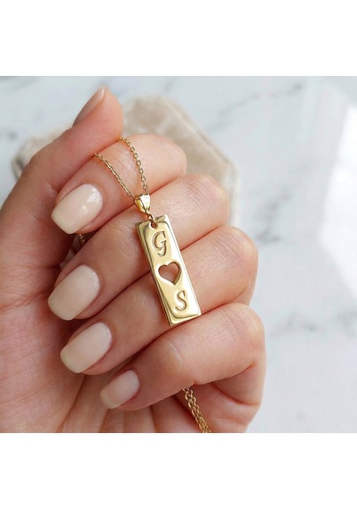 925 Ayar Gümüş Altın Kaplama Kişiye Özel Harfli Kalpli Plaka Kolye Gold