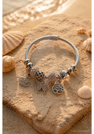 Stainless Steel Charm Taşlı Çelik Bileklik Gümüş