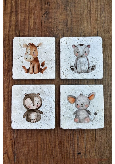 Sevimli Çizgi Hayvanlar Temalı Doğal Taş Bardak Altlığı - Stone Coasters Çok Renkli