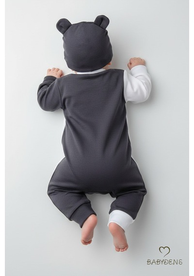 Babyden's Panda Baskılı Bebek Tulum & Şapka Seti,unisex Çıtçıtlı Uzun Kollu Yenidoğan Tulumu ,%100pamuk Antrasit - Beyaz