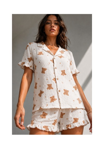 Fit Women Kadın Süprem Gömlek Şort Düğme Kar Beyaz Pijama Takımı
