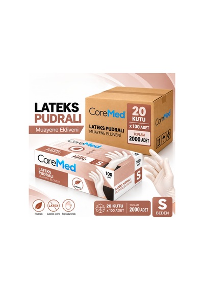 Coremed Lateks Pudralı Muayene Eldiveni S Beden, 2000 Adet Koli 20 Paket
