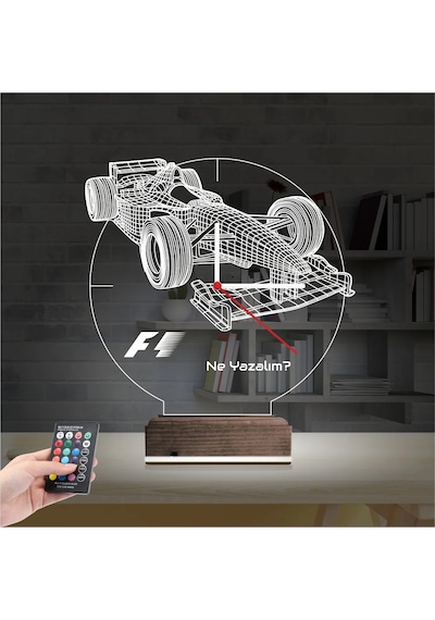 Luvivia Formula F1 Yarış Arabası Kişiye Özel Saatli 3d Lamba - Masa Gece Lambası Şeffaf