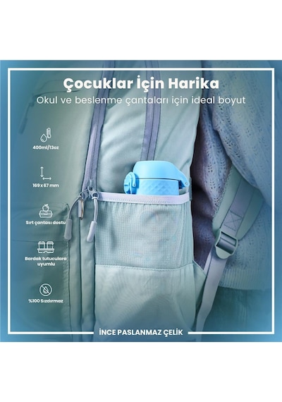 Ion8 - Paslanmaz Çelik Çocuk Suluk - Mavi Unicorn - 400 Ml - Sızdırmaz