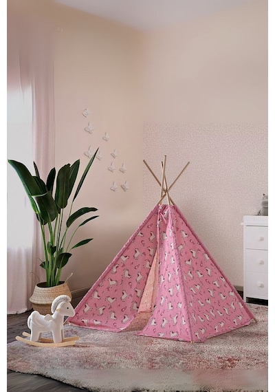 Çocuk Oyun Çadırı Ahşap Direkli Geniş Oyun Evi 150x150x200 Cm Pembe