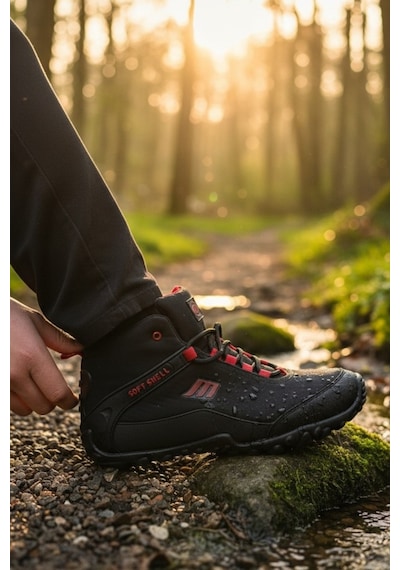 Enoch Erkek Termal Soft Shell Su Geçirmez Outdoor Trekking Ve Doğa Botu Siyah - Kırmızı