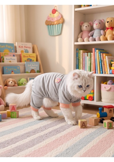 Sweet Cupcake Kedi Tulumu Gri Beyaz İnce Çizgili Penye Kedi Kıyafeti