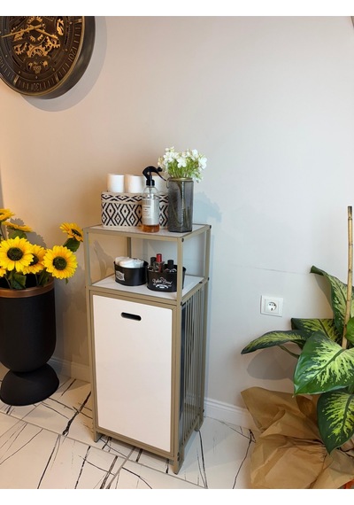 2 Raflı Çamaşır Sepeti Dolabı Metal Gövdeli Banyo Organizeri & Kirli Çamaşır Sepeti Bej