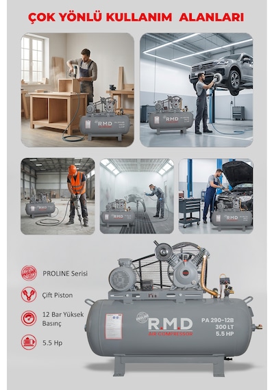 Pistonlu Hava Kompresörü 300 Lt 2 Kafa 12 Bar 5.5 Hp I Paı290ı12b