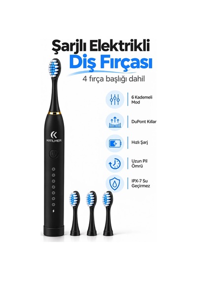 Exenar - Siyah - Şarjlı Elektrikli Diş Fırçası Dupont Yumuşak Kıllı 6 Mod 4 Yedek Başlıklı Ipx7 Su Geçirmez