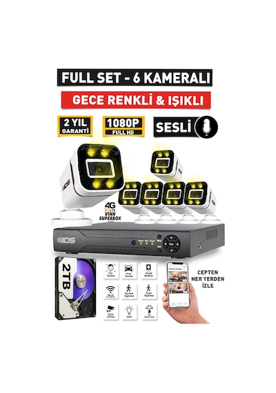 Sesli - 6 Kameralı Fullhd Gece Renkli Ve Işıklı Güvenlik Kamerası - Kamera Seti 2tb Disk