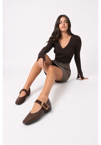 Luvi Shoes Curzon Kahverengi Cilt Süet Kadın Kemerli Babet Ayakkabı