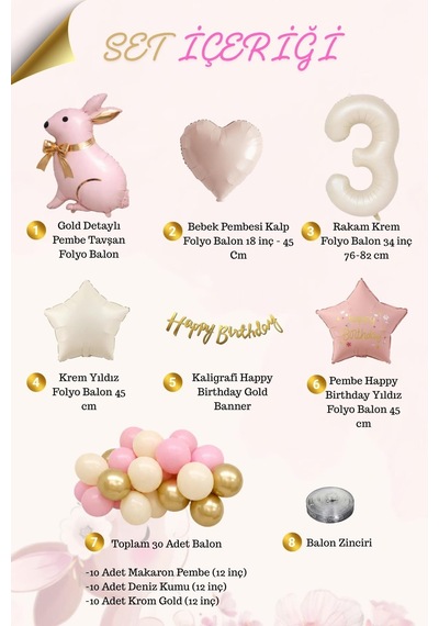 Pembe Tavşanlı 3 Yaş Doğum Günü Balon Seti